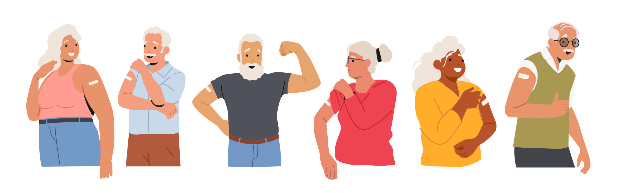 Schedule Your Flu Shot Today! Young and senior men and women showing hands with patches after getting vaccine shot.