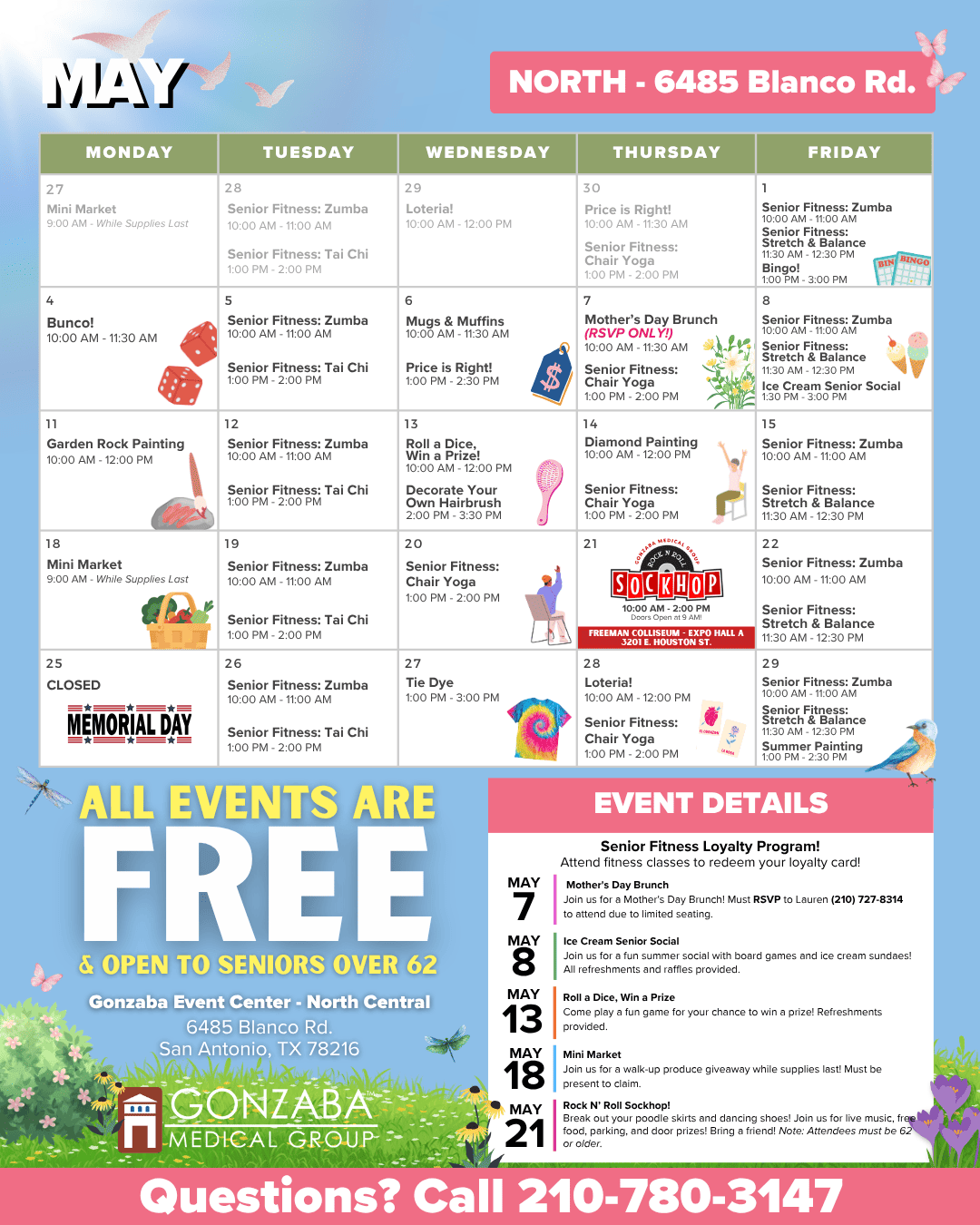 Colorful may calendar for gonzaba north central with daily senior activities fitness classes and event details All events are free