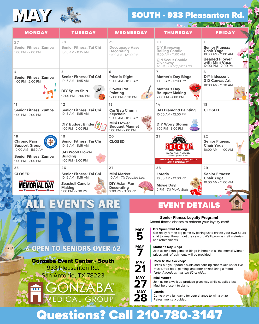 May calendar for souths senior center with daily events fitness crafts bingo at gonzaba medical group bold all events are free banner and contact number for questions