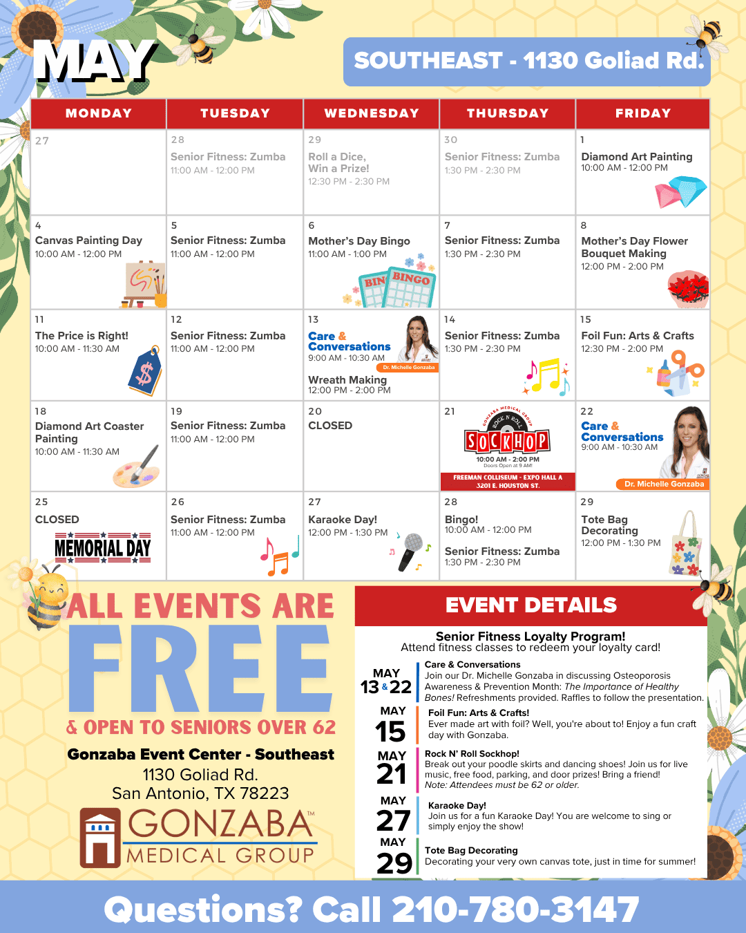 Monthly may events calendar at southeast   goliad rd listing daily activities like senior fitness art bingo and crafts across weeks cheerful floral design backdrop