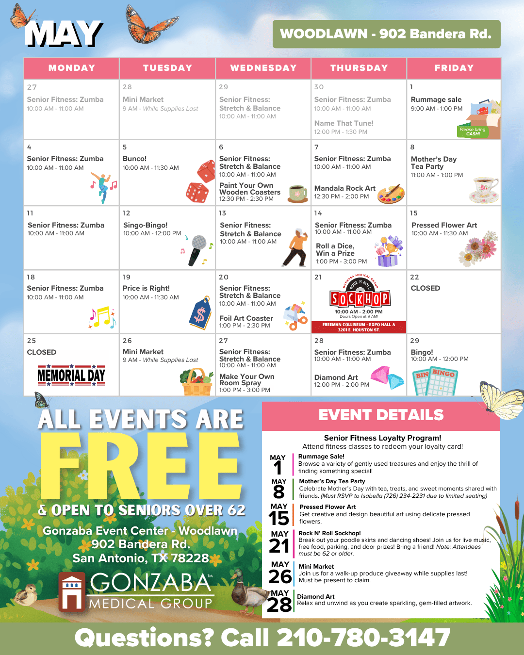 May calendar poster for gonzaba medical group at woodlawn showing daily senior events and free activities for  with icons for fitness bingo crafts and sales Includes may  schedule and a bottom section advertising free events for seniors and contact details