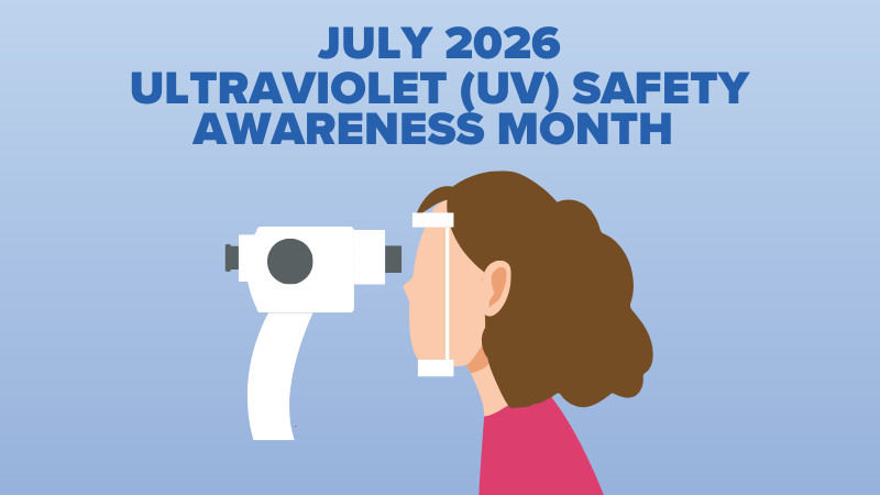 Banner announcing July 2026 UV Safety Awareness Month, with a person facing a UV measurement device on a light blue background.