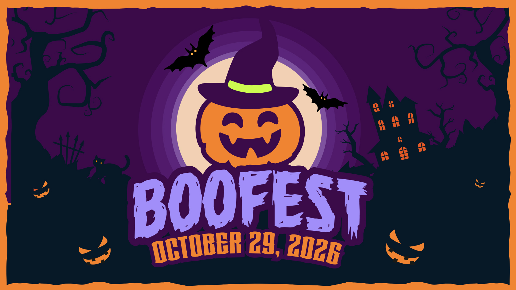 Cheerful jack-o'-lantern wearing a witch's hat with bats, spooky trees, and 'BOOFEST' plus the date October 29, 2026 on a Halloween night scene.